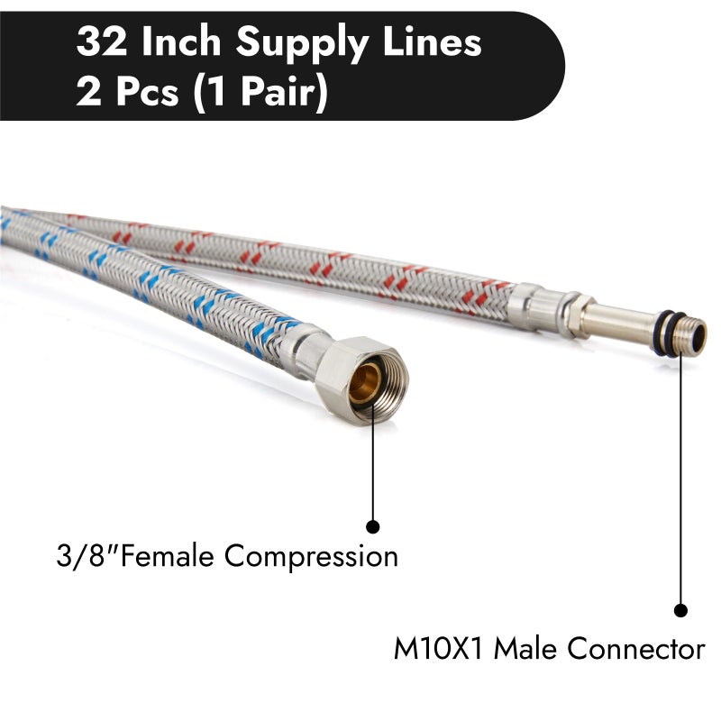 Midanya 32-Inch Long Faucet Connector, Braided Stainless Steel Supply Hose 3/8-Inch Female Compression Thread x M10 Male Connector, x 2 Pcs (1 Pair) - Image 2